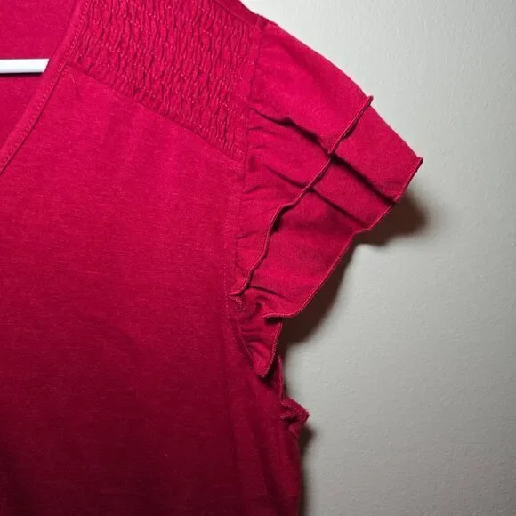 Pretty Fashion Red Ruffle Sleeve V-Neck Top Casual Summer Blouse- Size Large - Picture 5 of 9